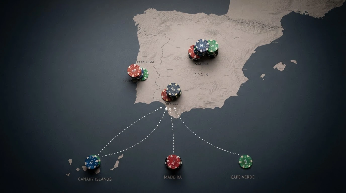 Varias fichas de casino apiladas sobre un mapa que conecta España con Curaçao, Anjouan y Costa Rica mediante líneas de puntos