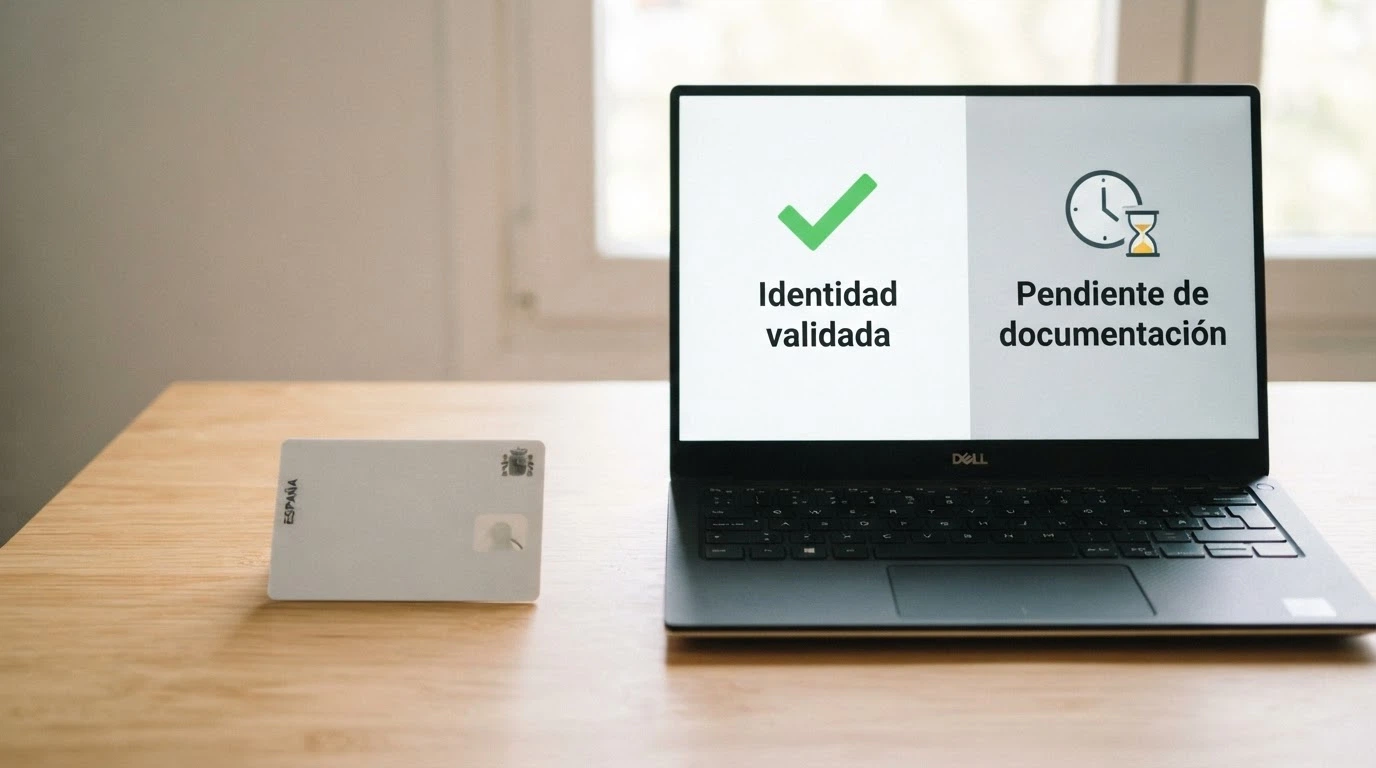 Un documento de identidad junto a una pantalla dividida que muestra por un lado un check verde de identidad validada y por otro un reloj de verificación documental pendiente